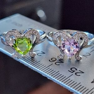 Peridot OR Pink Kunzite Heart Angel Wings 925 Sterling Silver Ladies Ring CHOICE